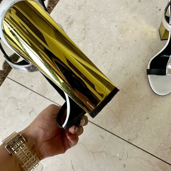 Giuseppe Zanotti Metallic Color Contrasting Black White Gold Sandals Heels 37 - Picture 4 of 7